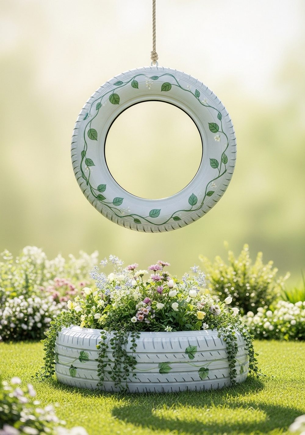 Garden-Themed Tire Swing With Planter Base