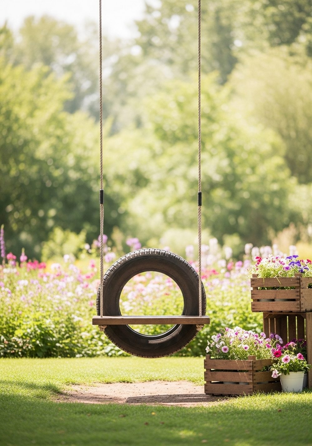 Garden-View Tire Swing With Flower Crates