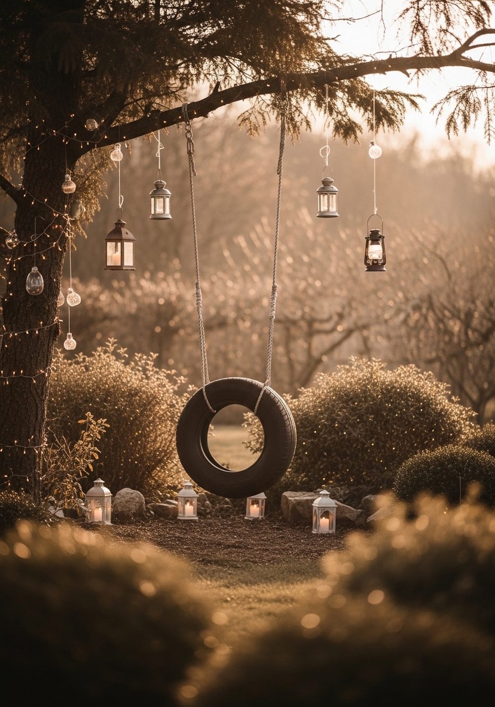 Lantern-Lit Evening Tire Swing Corner