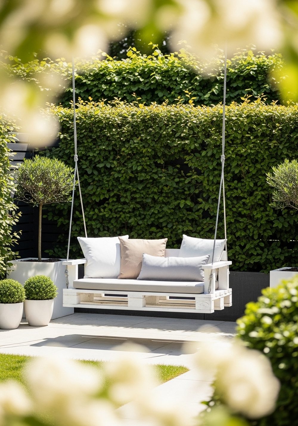 Minimalist Pallet Swing With Neutral Cushions