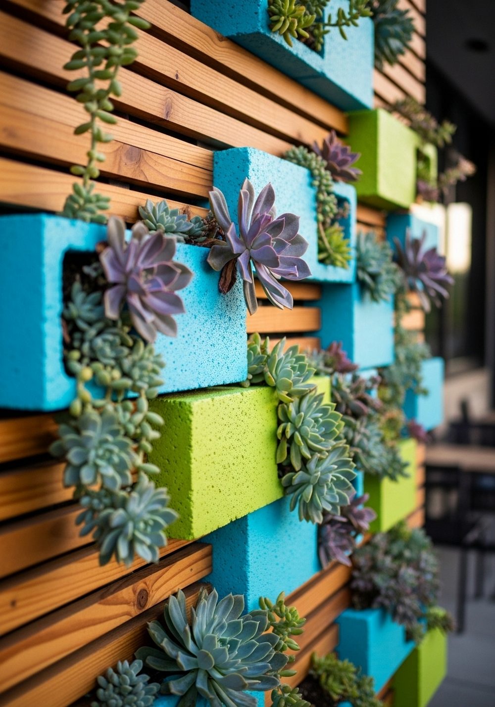 Mixed Wood-And-Block Succulent Feature Wall