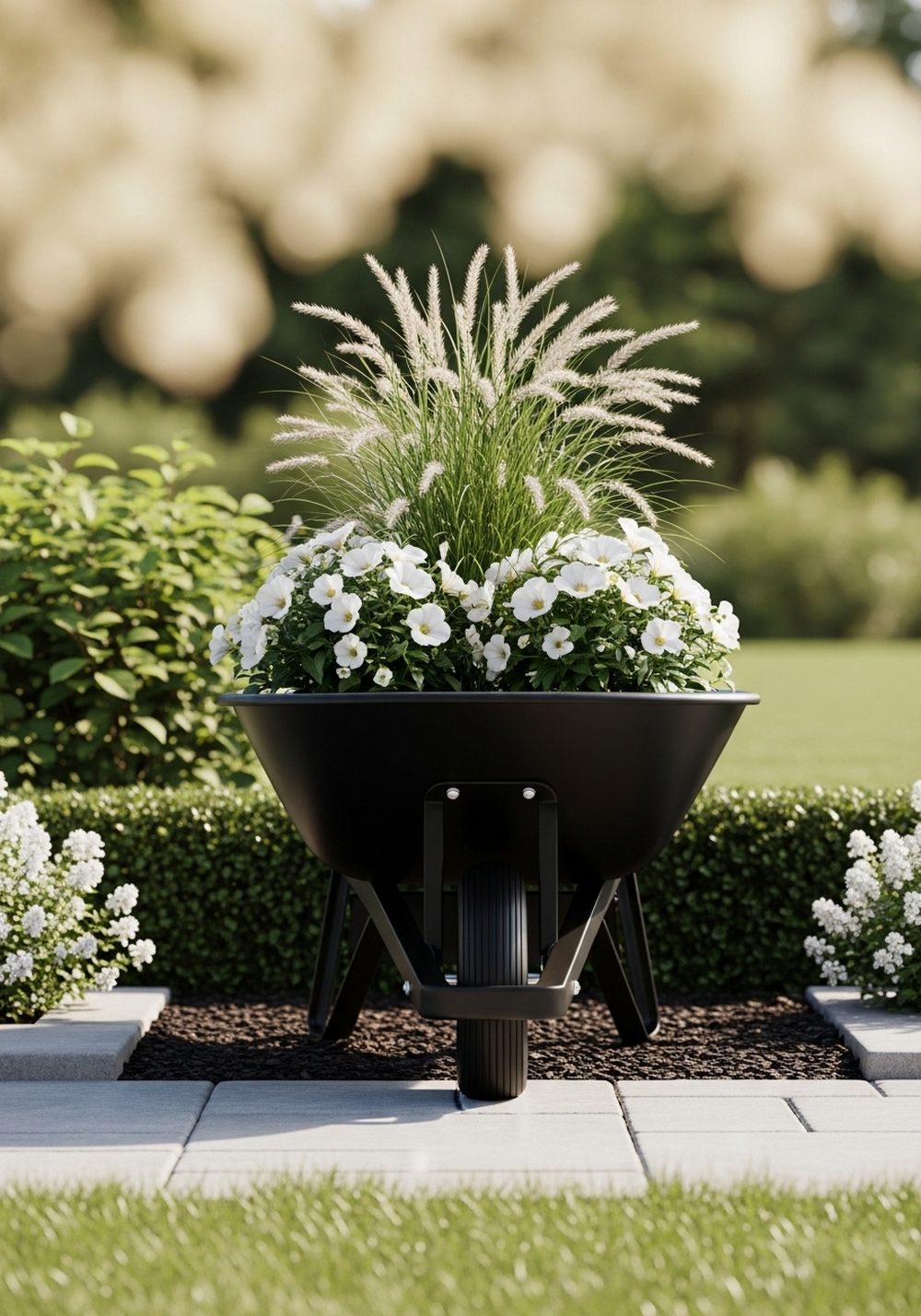 Modern Black Wheelbarrow With White Flowers And Ornamental Grasses