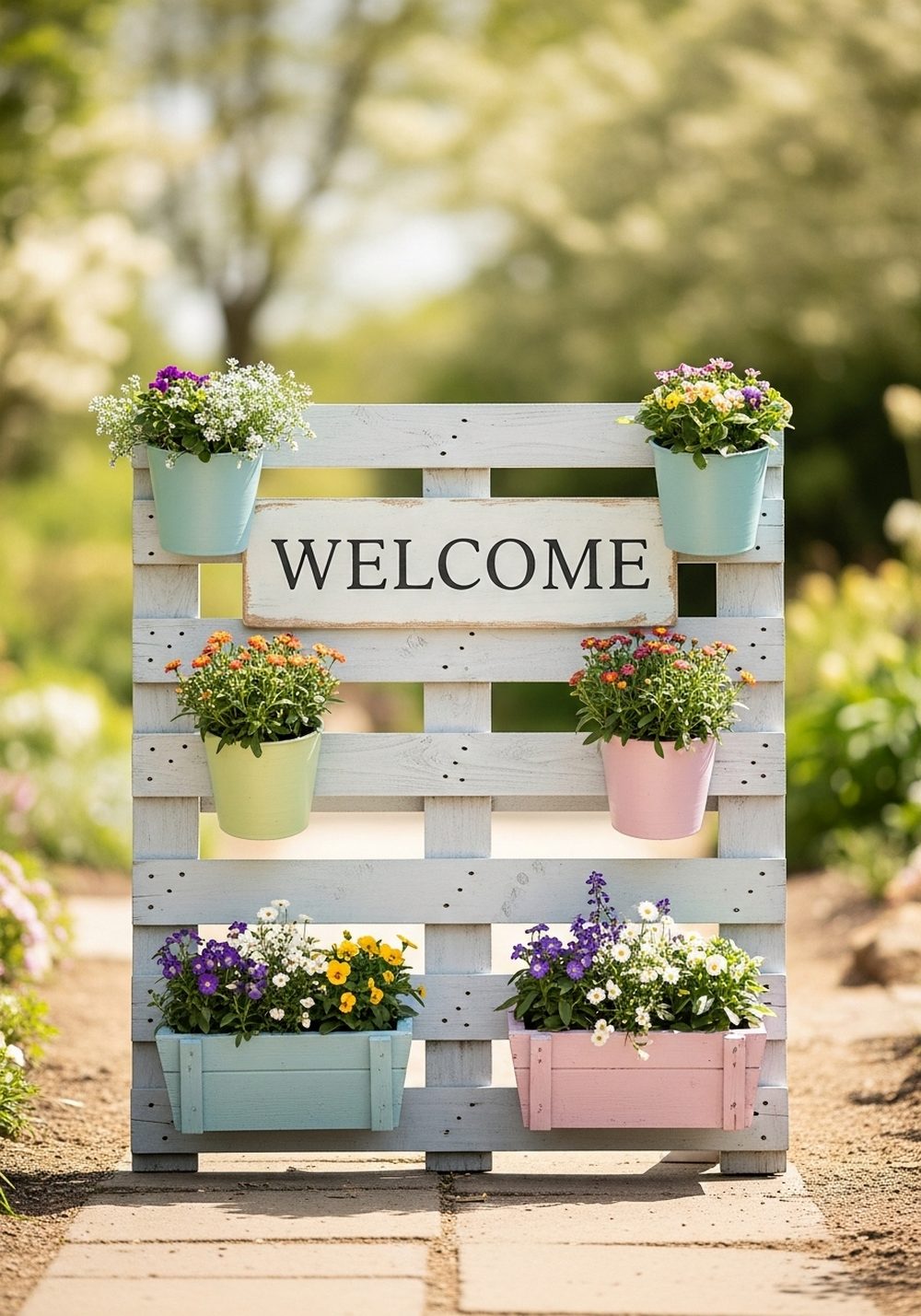 Painted Pallet Welcome Sign With Planters