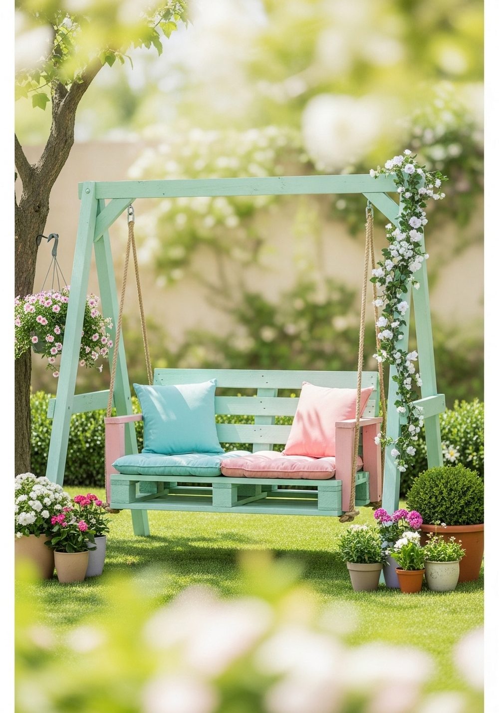 Painted Pastel Pallet Swing For Small Gardens