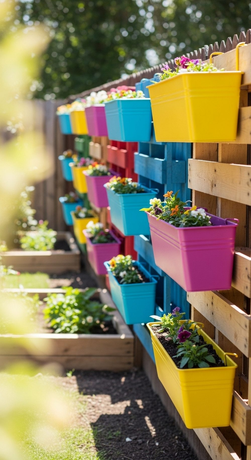 Pallet Fence Makeover With Colorful Planters