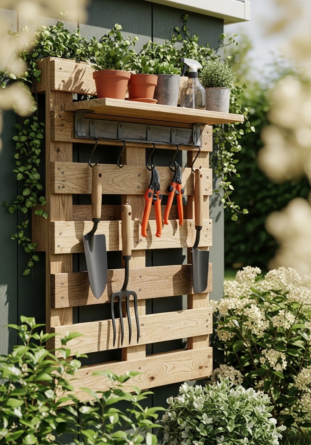 Pallet Garden Tool Rack & Shelf