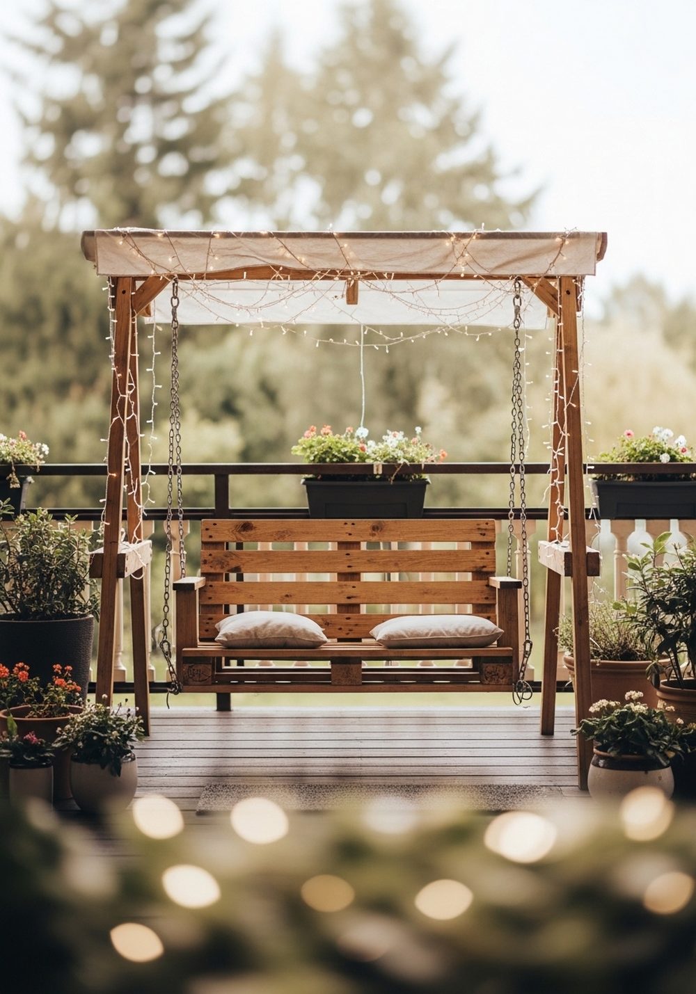 Pallet Porch Swing With Fairy Light Canopy