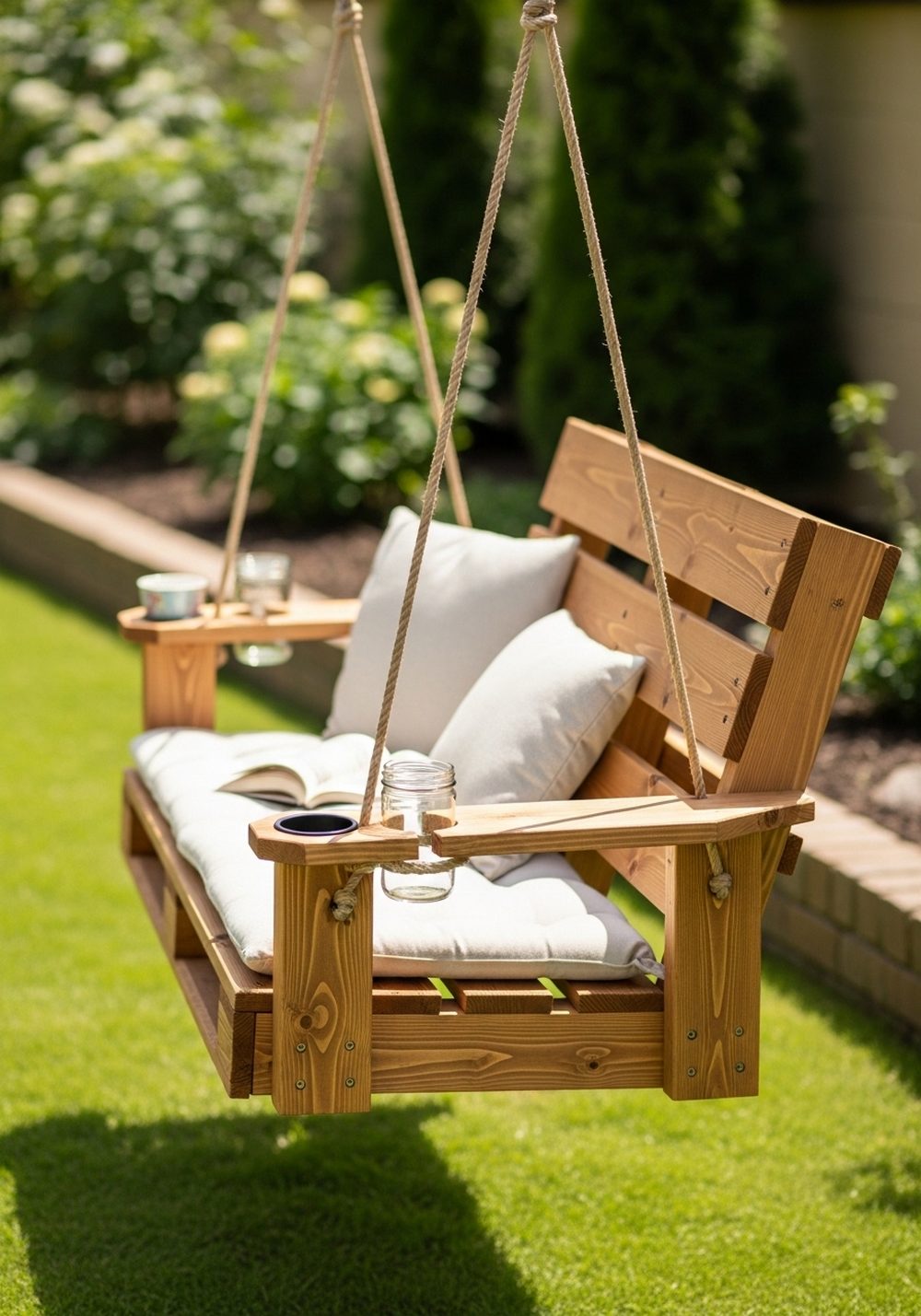 Pallet Swing Bench With Built-In Cup Holders
