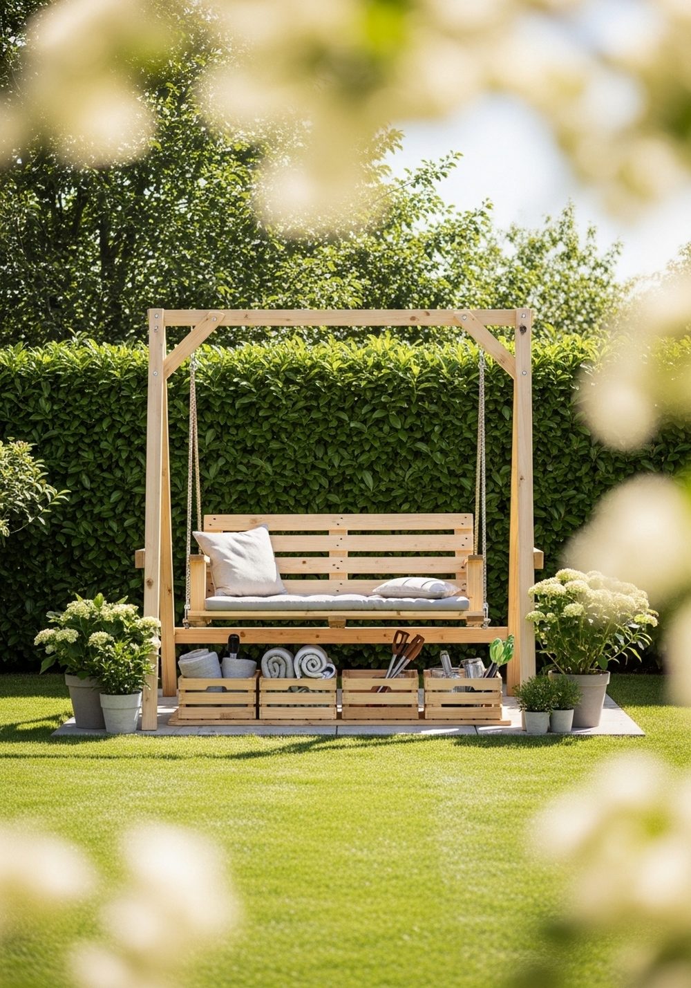Pallet Swing Bench With Storage Crates Below