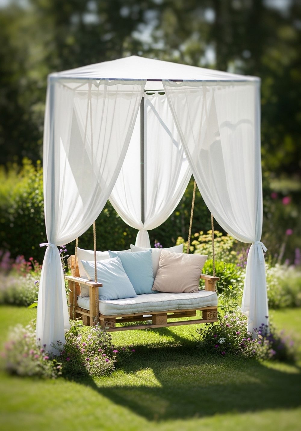 Pallet Swing With Overhead Canopy And Sheer Drapes