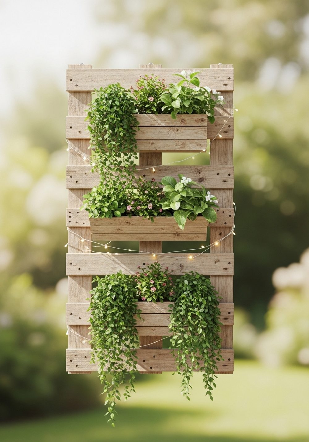 Pallet Wall Art With Plants And Fairy Lights