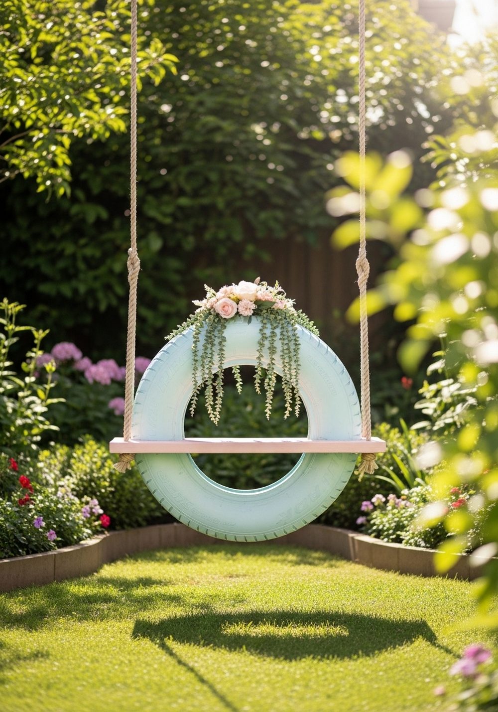 Pastel-Painted Tire Swing With Flower Accents