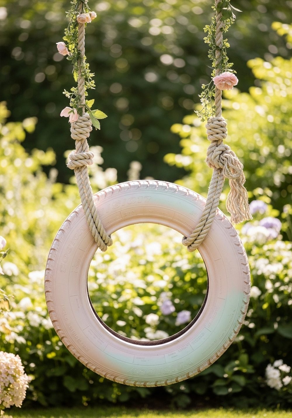 Pastel Painted Tire Swing With Rope Wrap