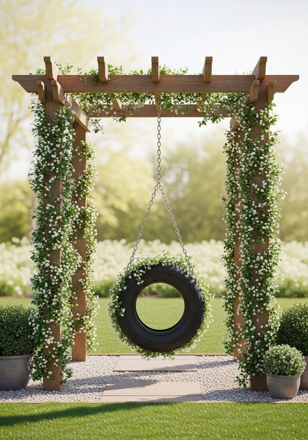 Pergola-Framed Tire Swing With Climbing Vines