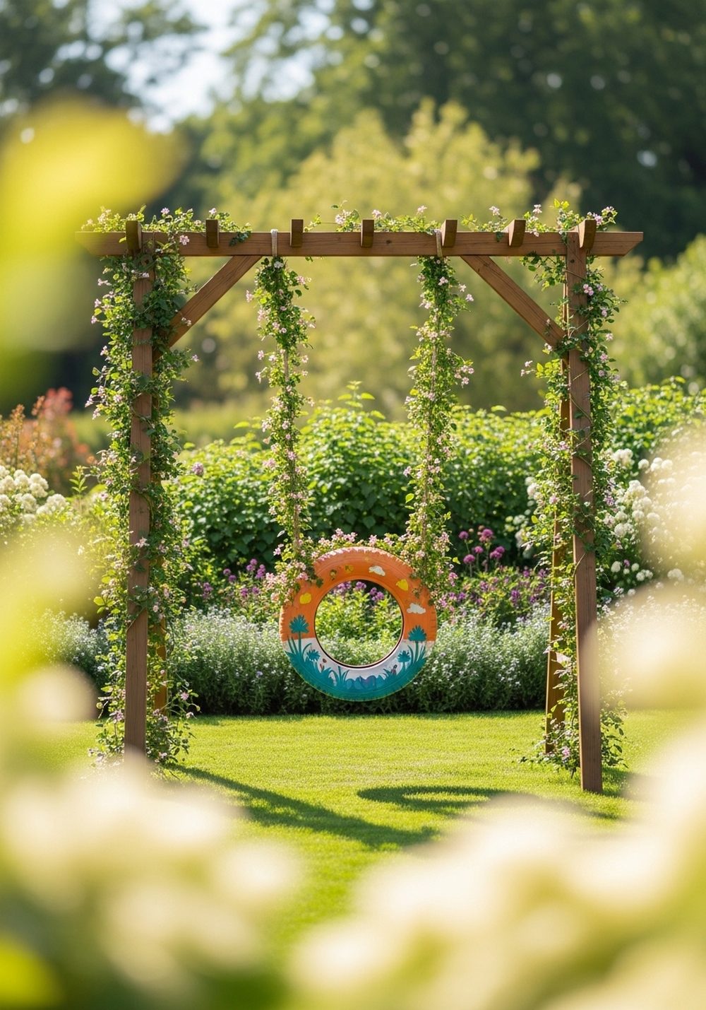 Pergola-Framed Tire Swing With Climbing Vines