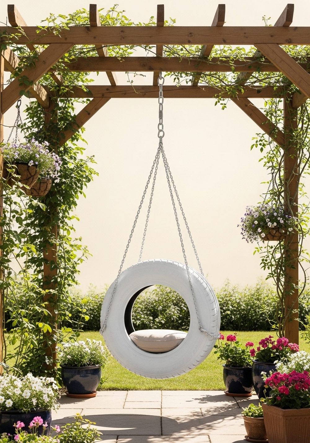 Pergola-Hung Tire Swing Chair