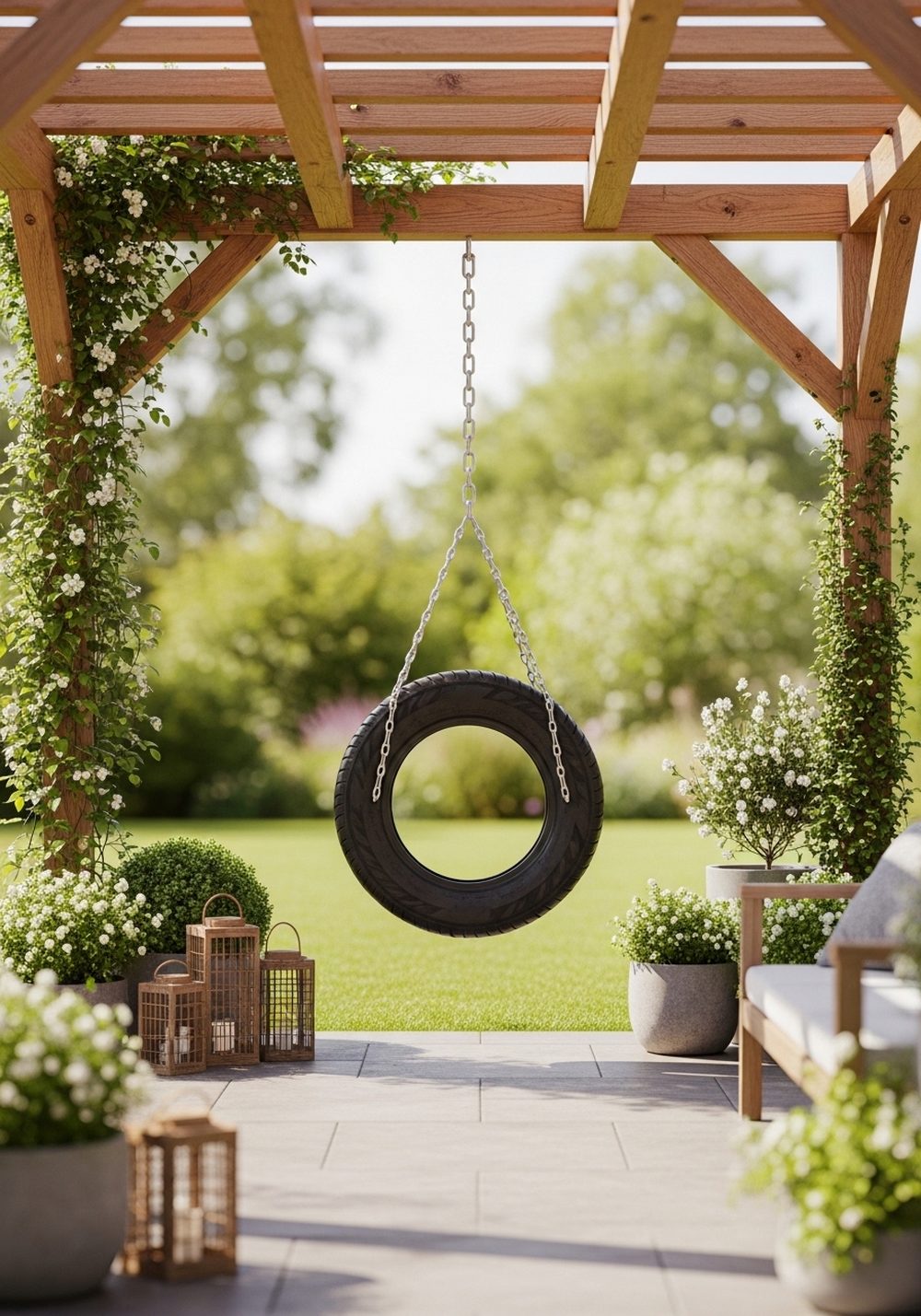 Pergola-Mounted Tire Swing Seat