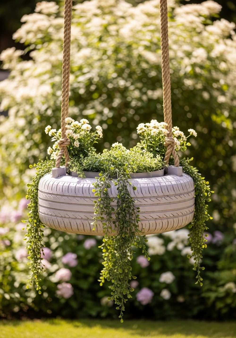 Planter-Rim Tire Swing With Trailing Greens