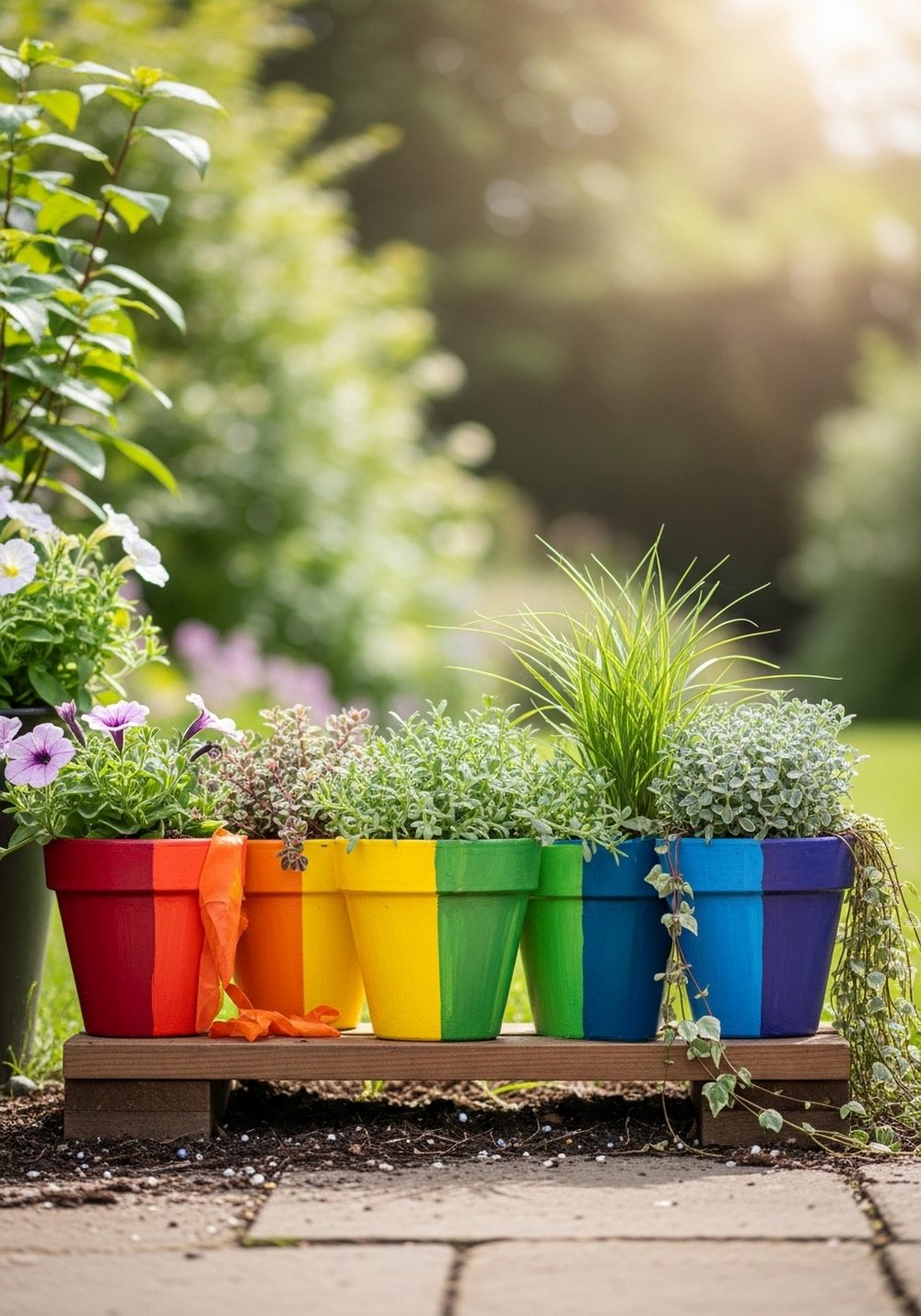 Rainbow Container Garden With Painted Pots