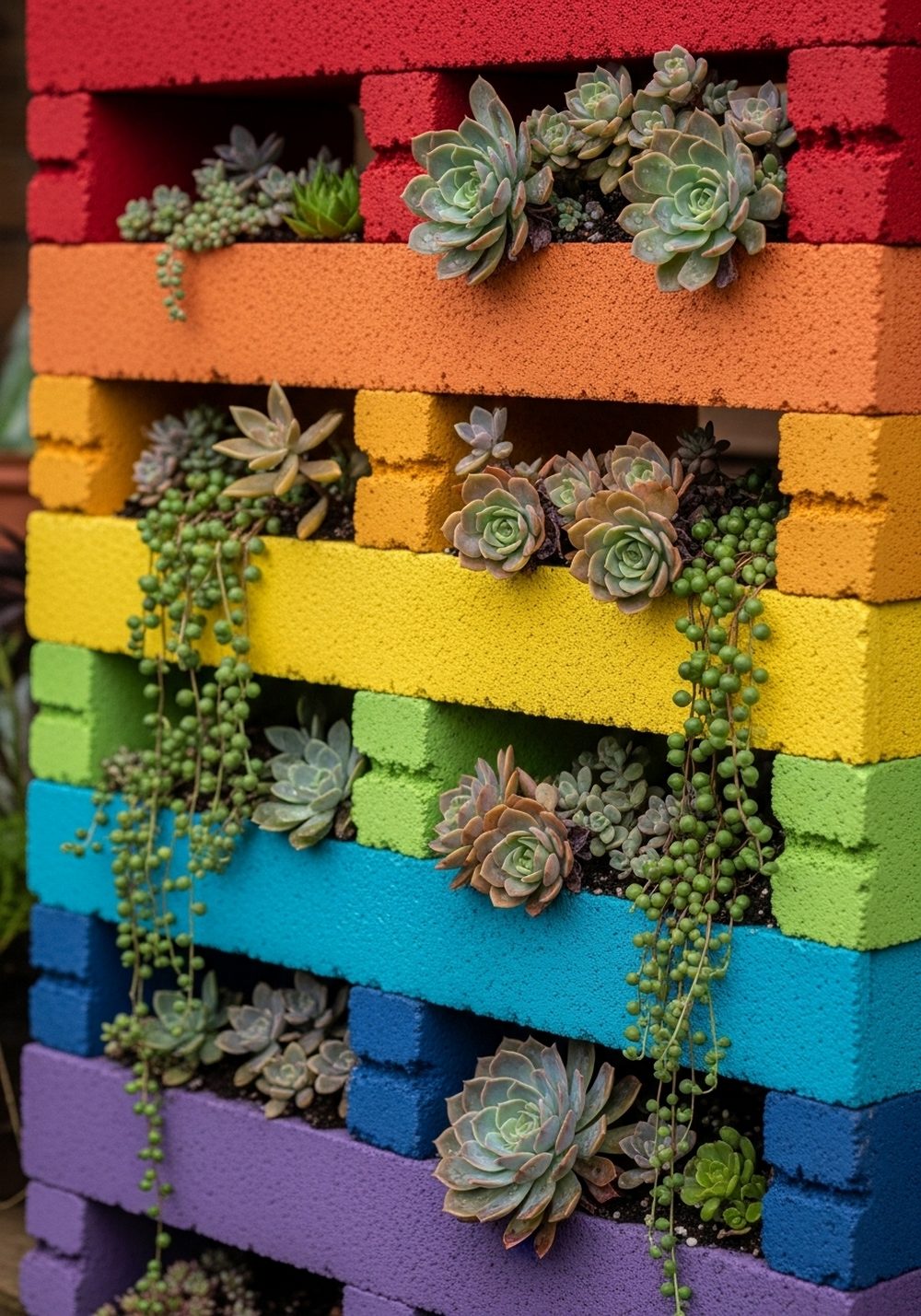 Rainbow Gradient Cinder Block Succulent Wall