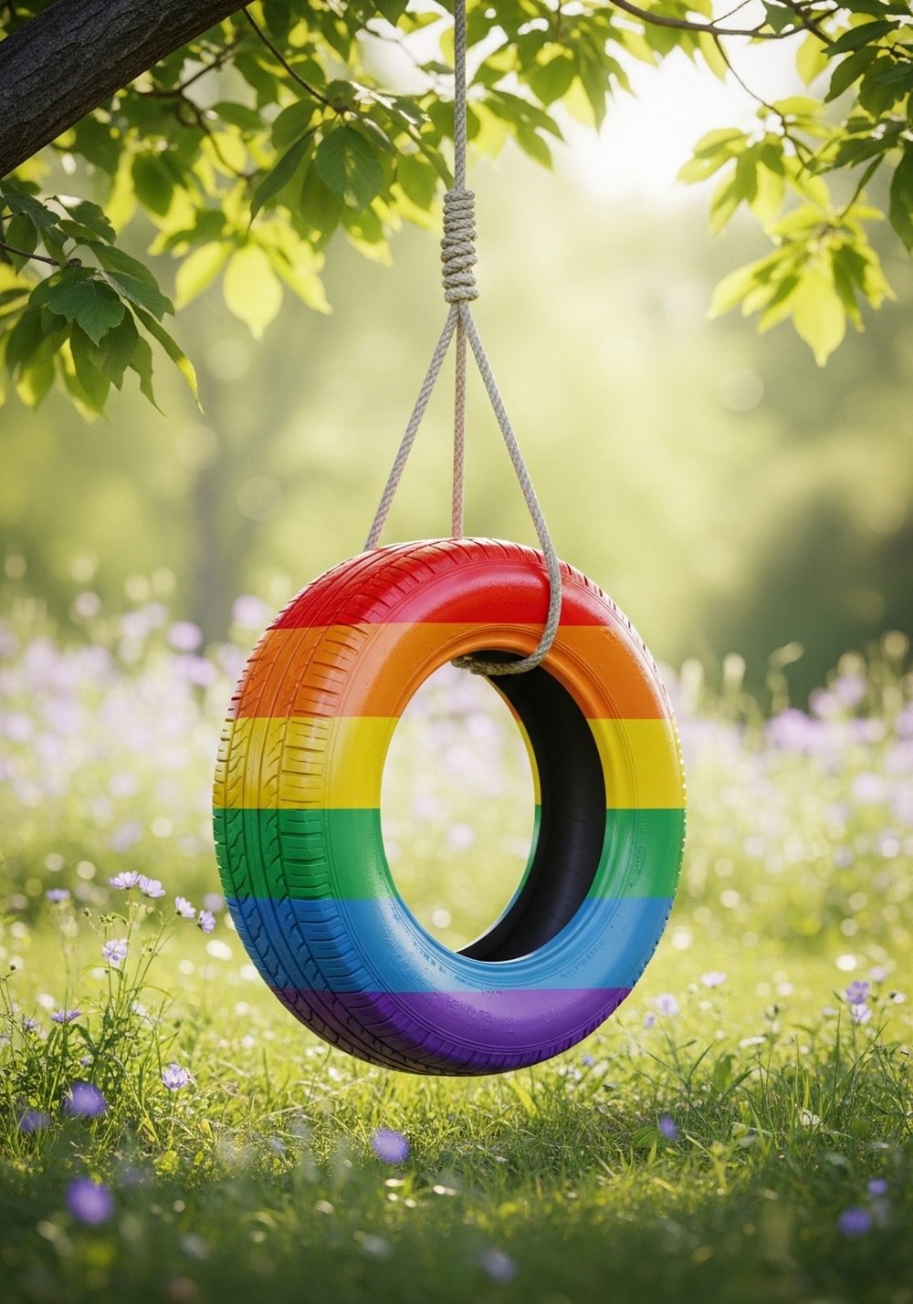 Rainbow-Painted Tree Tire Swing