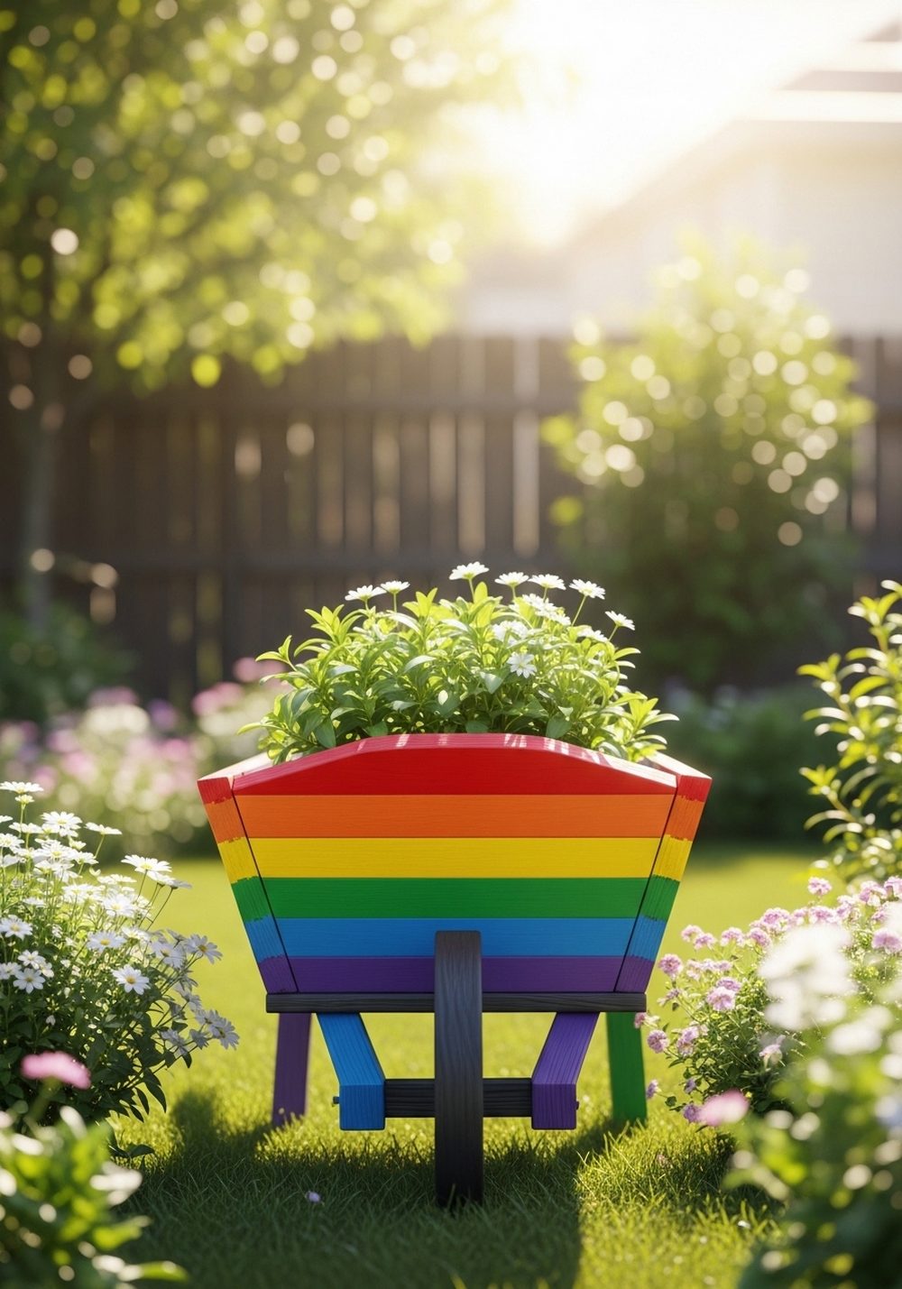 Rainbow-Painted Wheelbarrow Planter
