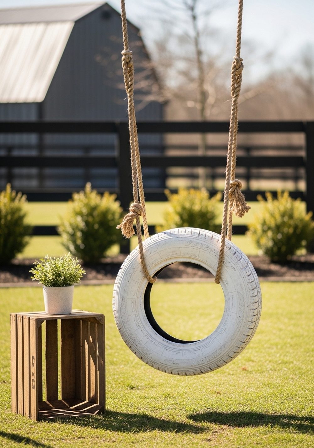 Rustic Farmhouse Tire Swing With Crate Side Table