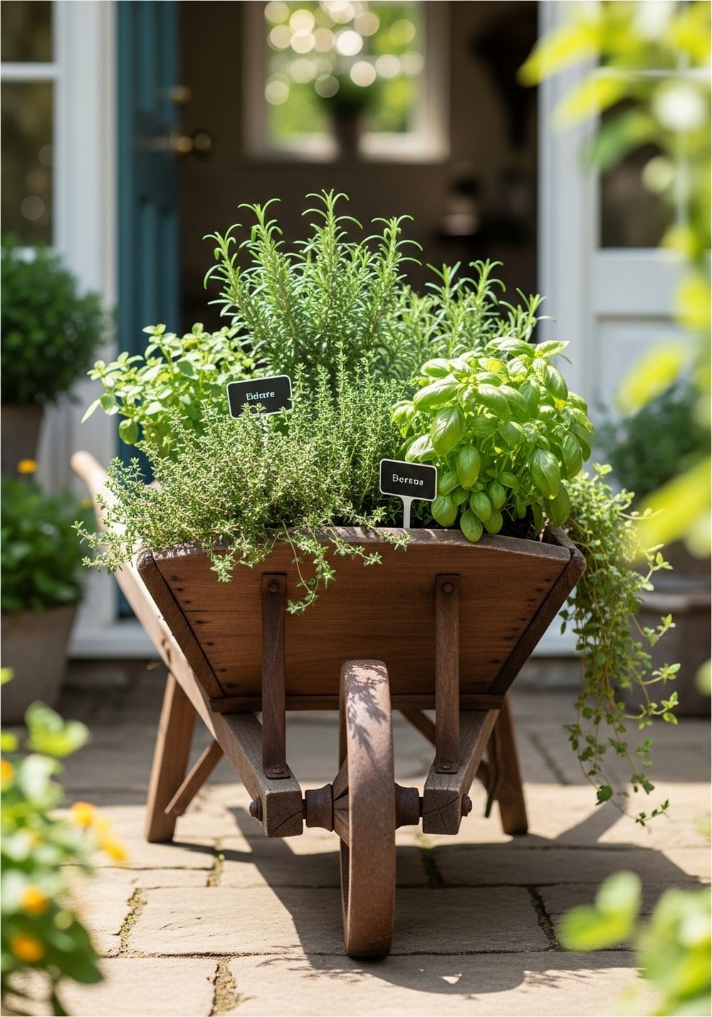 Rustic Herb-Filled Wheelbarrow By The Back Door