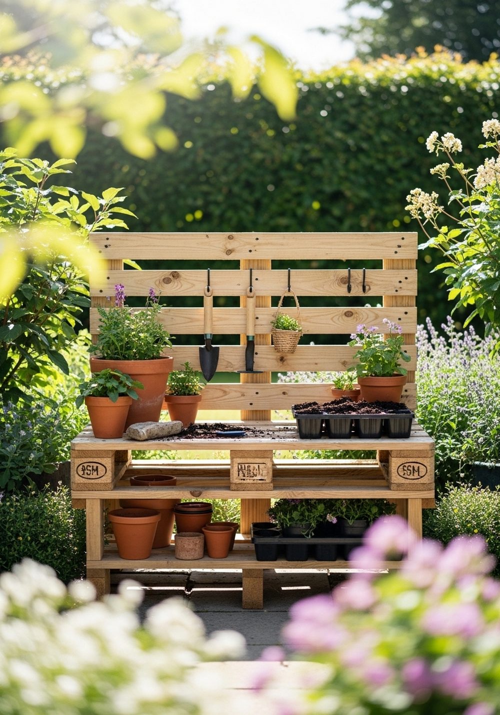 Rustic Pallet Potting Bench And Tool Rack