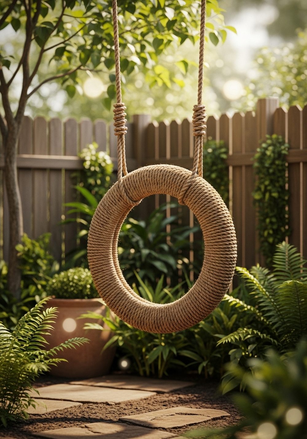 Rustic Rope-Wrapped Tire Swing Nook