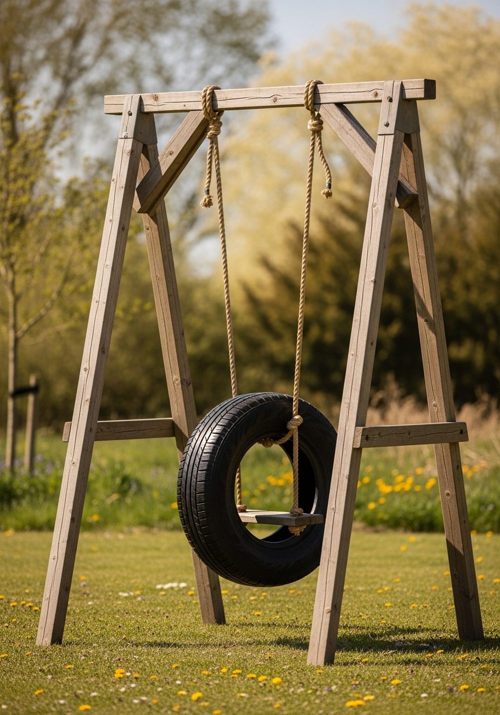Rustic Tire Swing On A Wooden A-Frame