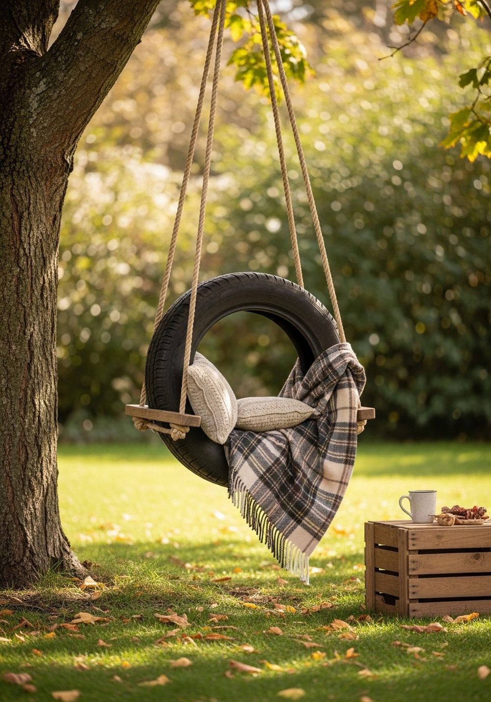 Rustic Tire Swing With Plaid Blankets