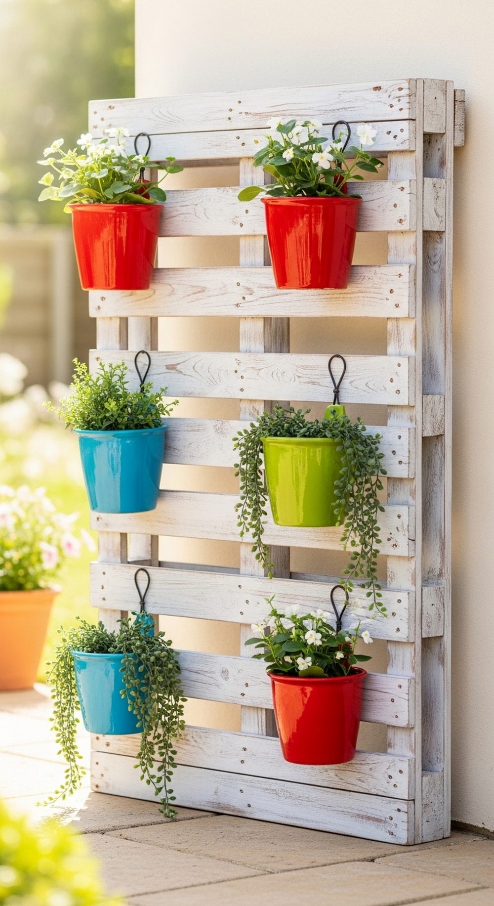 Rustic Whitewashed Pallet With Colorful Pots