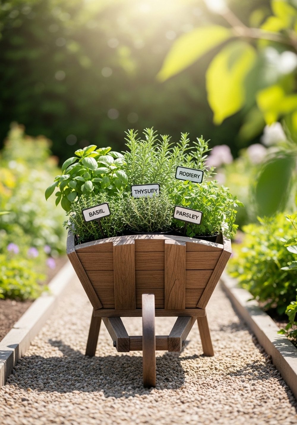 Rustic Wood Wheelbarrow Herb Garden