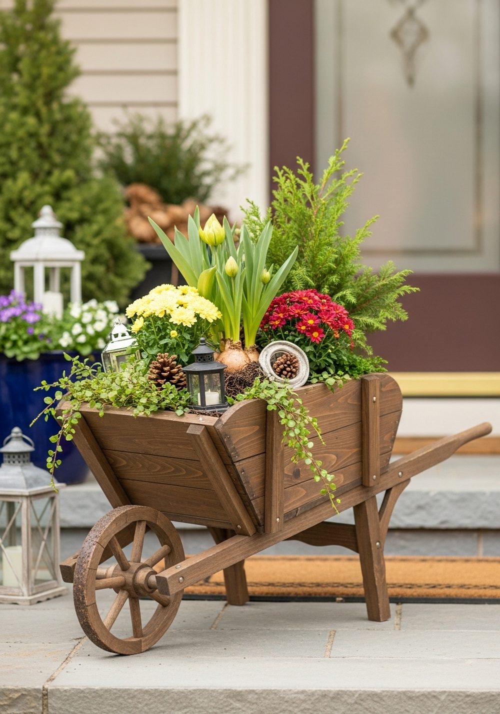 Seasonal Wheelbarrow Display At The Front Porch