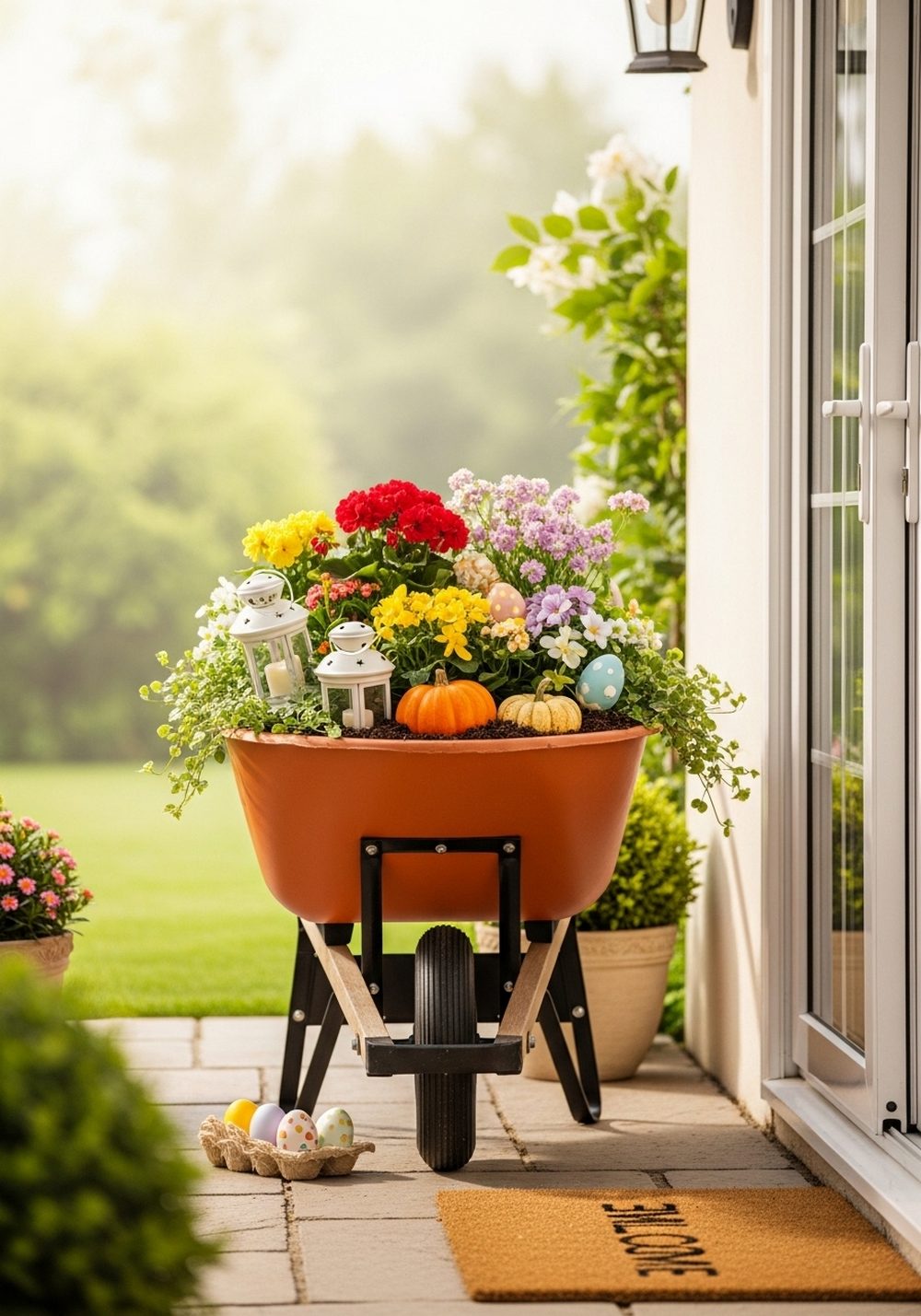 Seasonal Wheelbarrow Display By The Patio