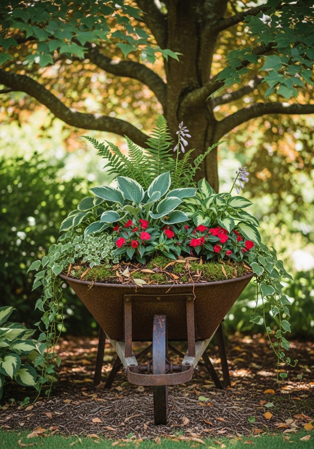 Shade-Loving Wheelbarrow Planter Under A Tree