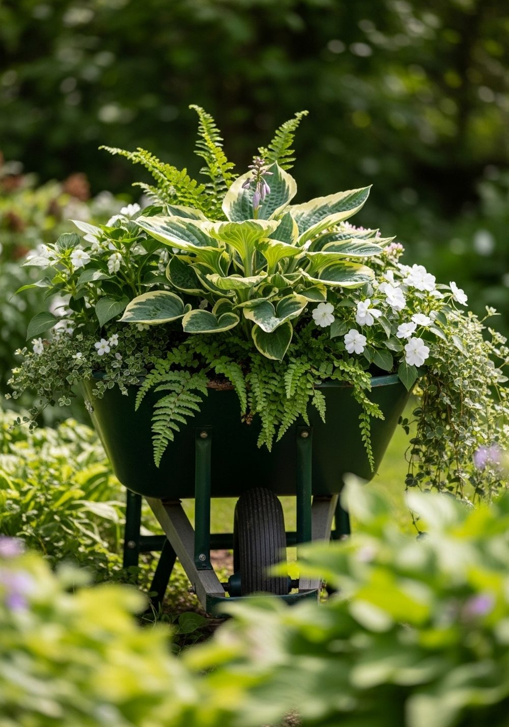 Shady Fern & Hostas Wheelbarrow Corner