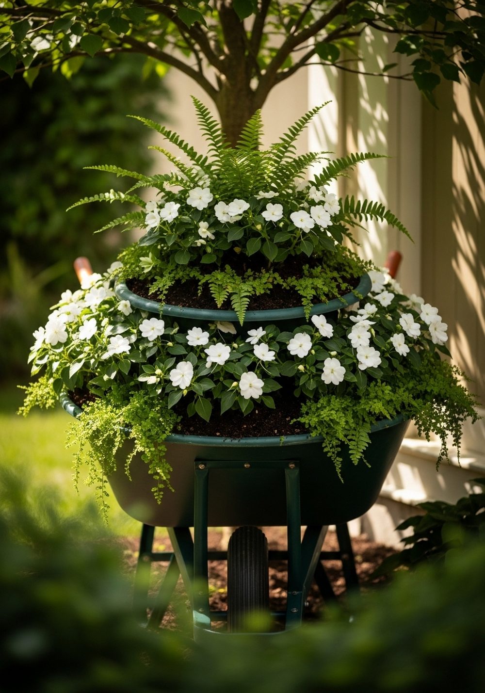 Shady-Spot Wheelbarrow With Ferns And White Impatiens