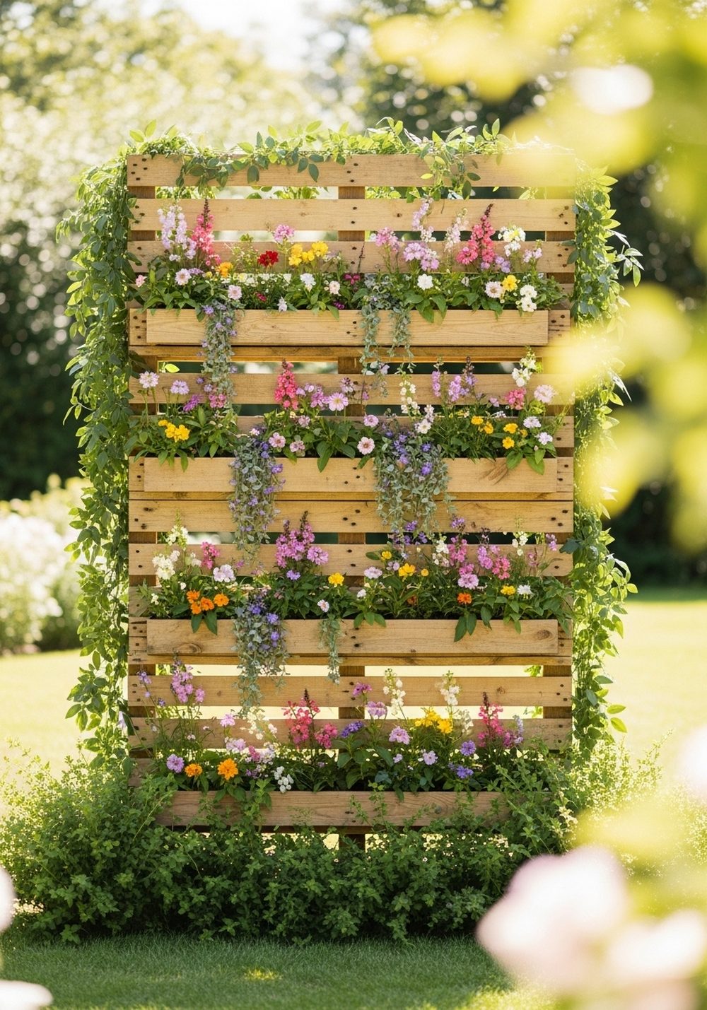 Stacked Pallet Flower Wall Display