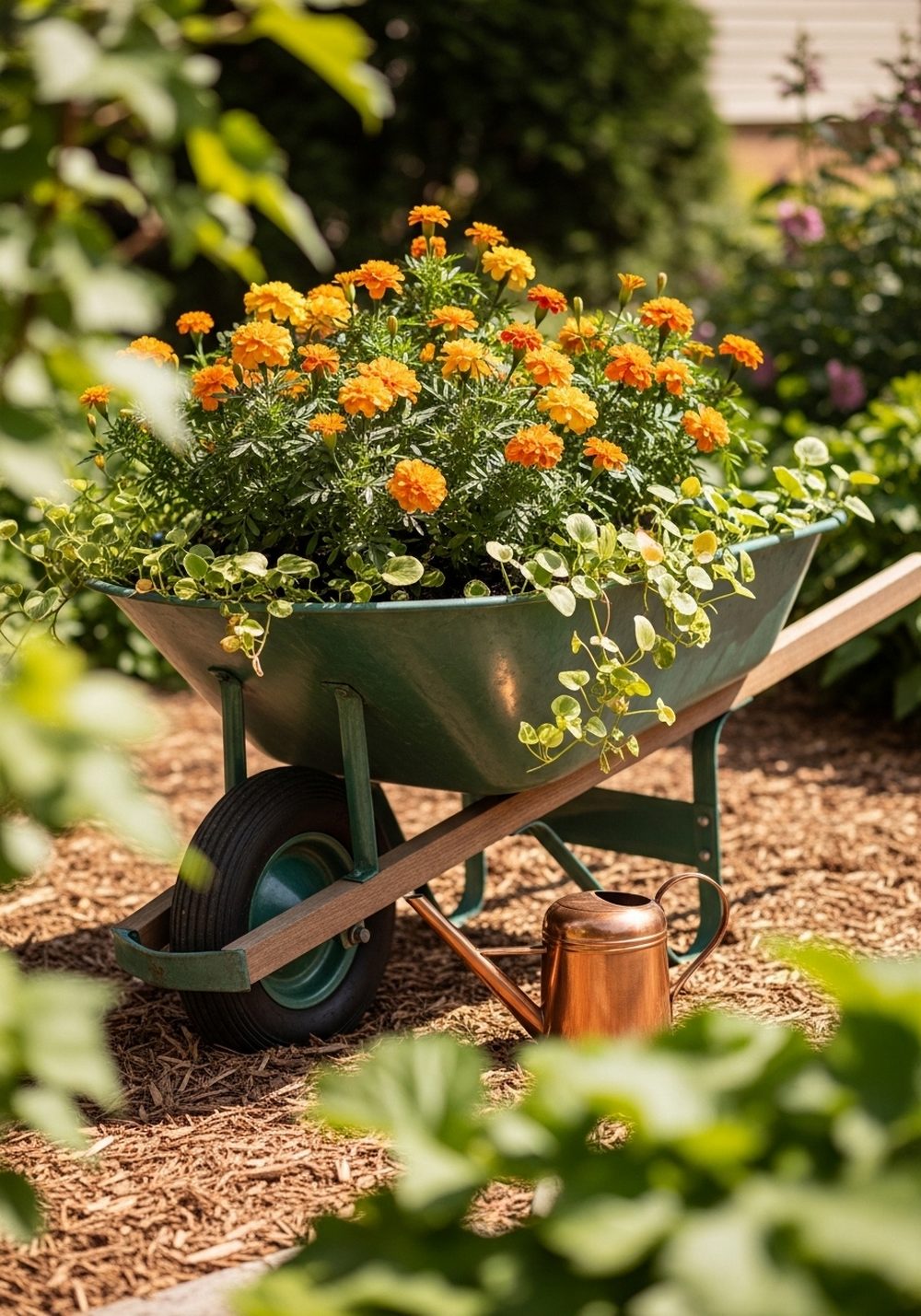 Sunset-Tone Wheelbarrow With Marigolds And Copper Accents