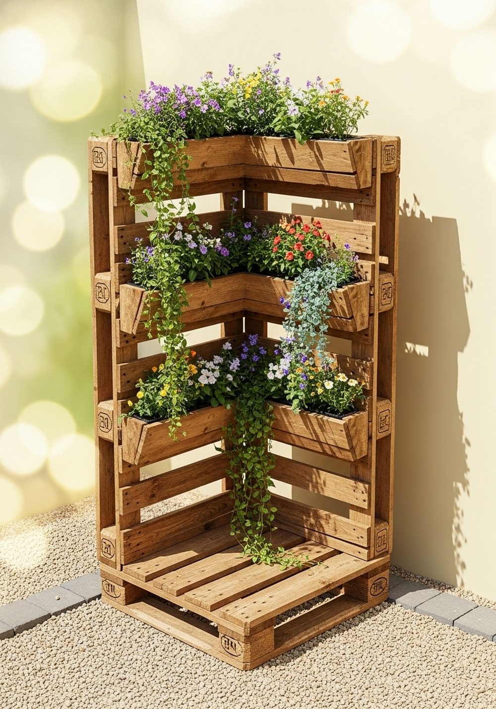 Turn A Pallet Into A Corner Flower Tower