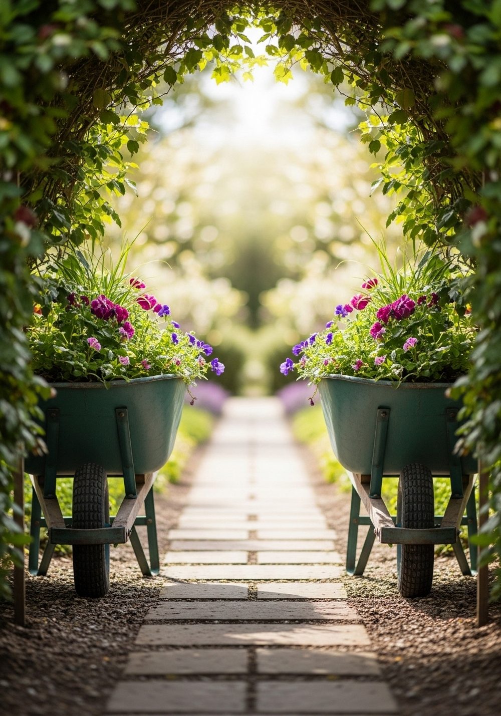 Twin Wheelbarrow Planters Framing The Garden Path