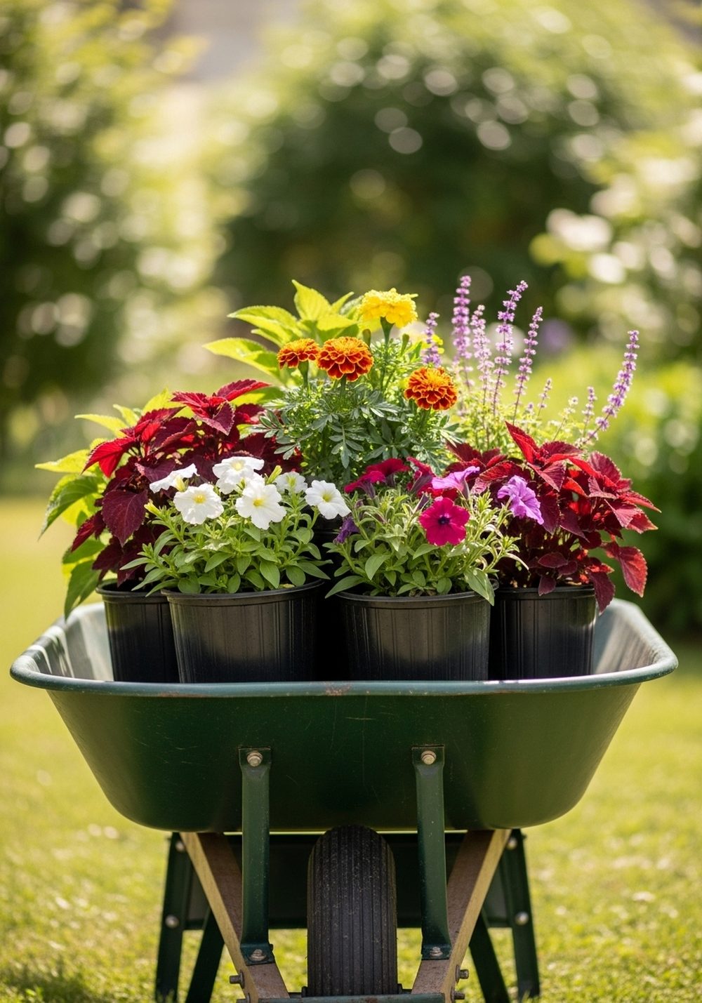 Upcycled Nursery Pots Wheelbarrow Display