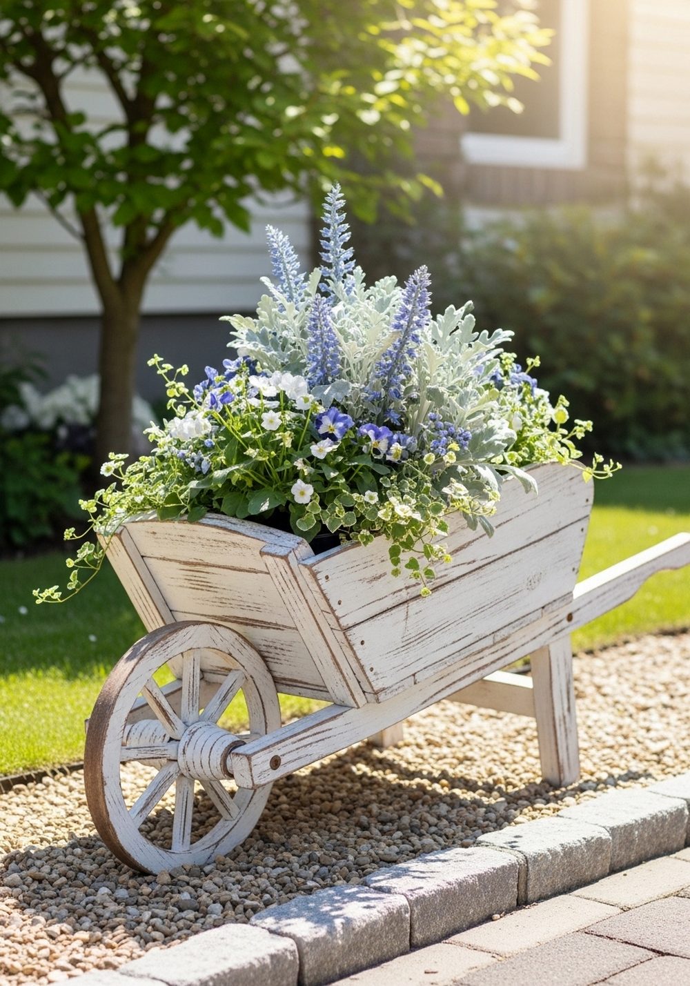 Whitewashed Wheelbarrow With Blue And White Color Theme