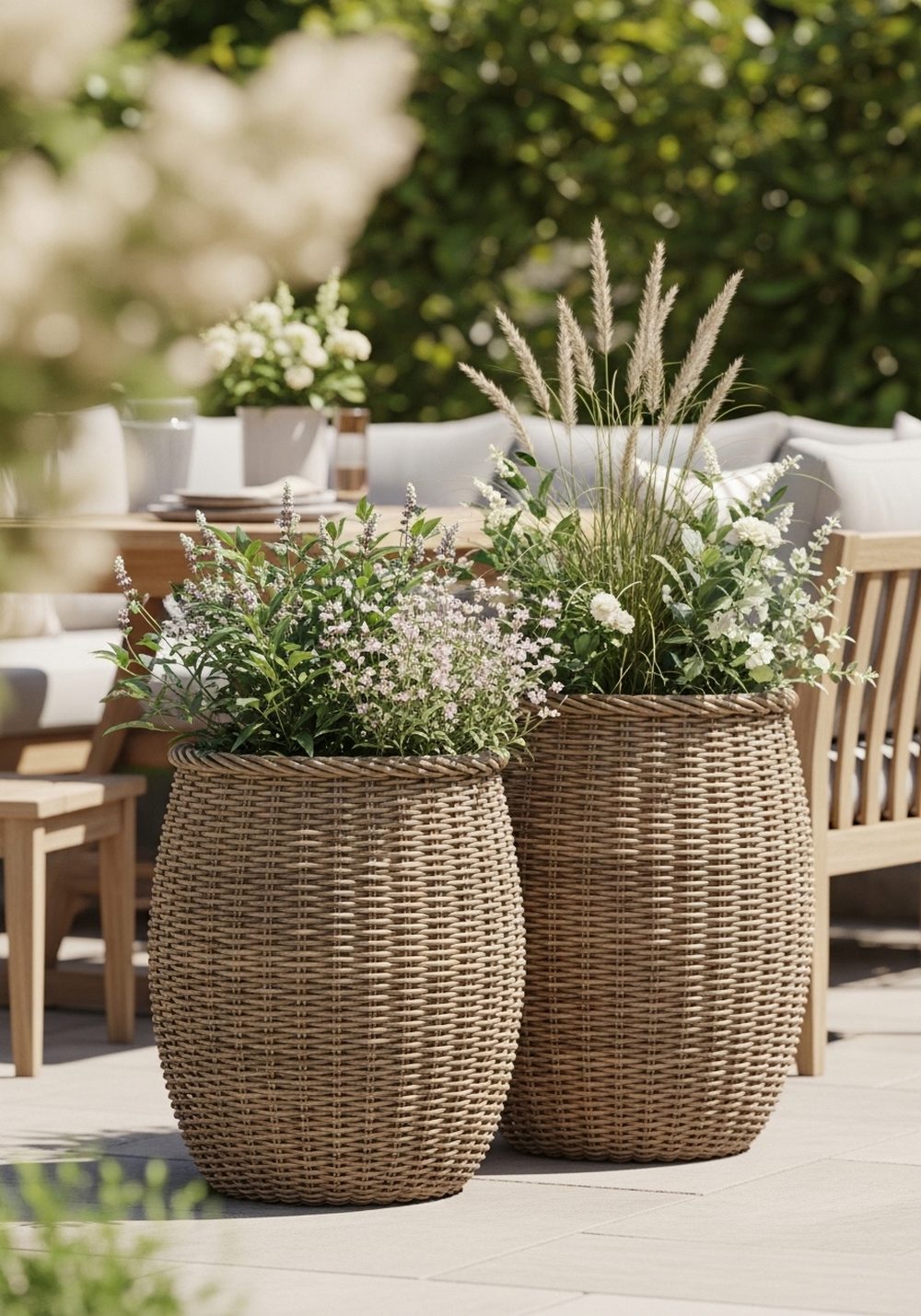 Large Wicker-Style Planters For A Cozy Patio