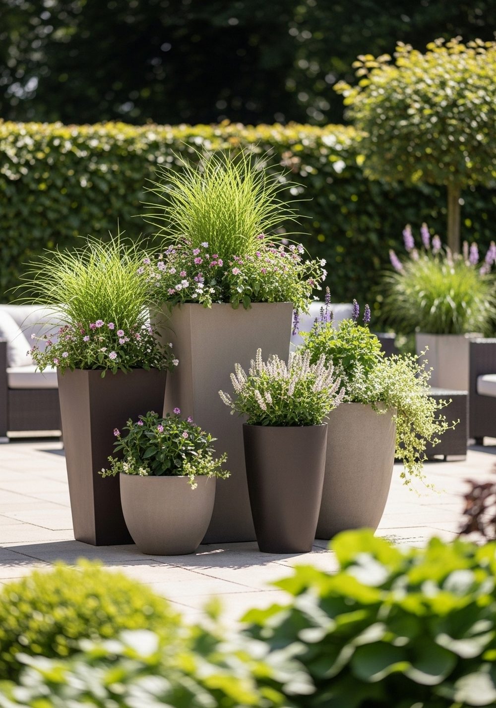 Mixed-Height Planters Around A Patio