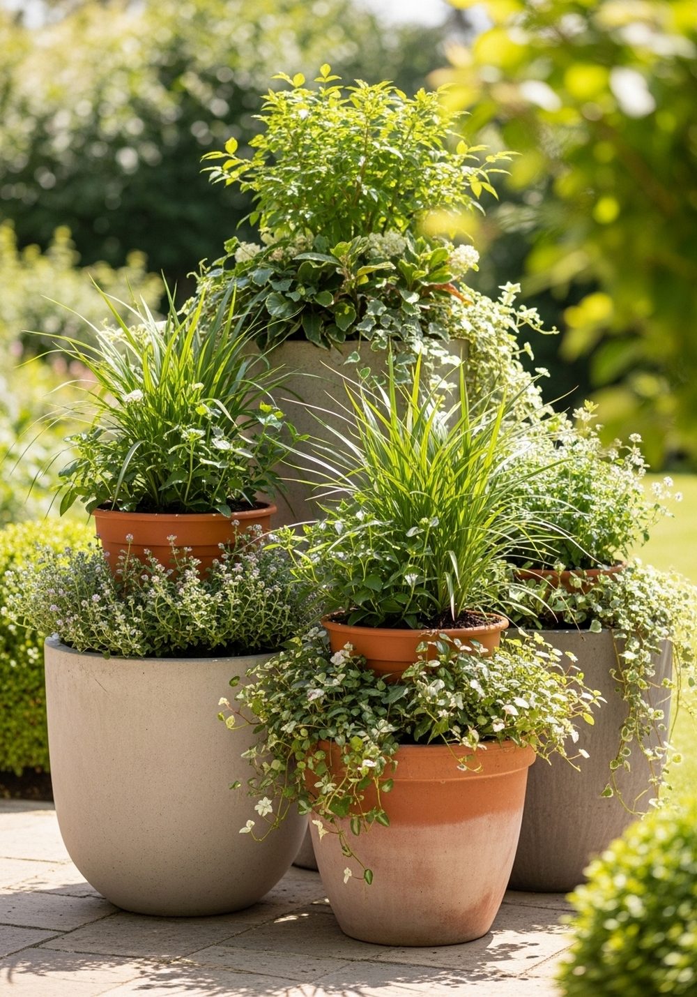 Mixed Material Planters With Layered Greenery