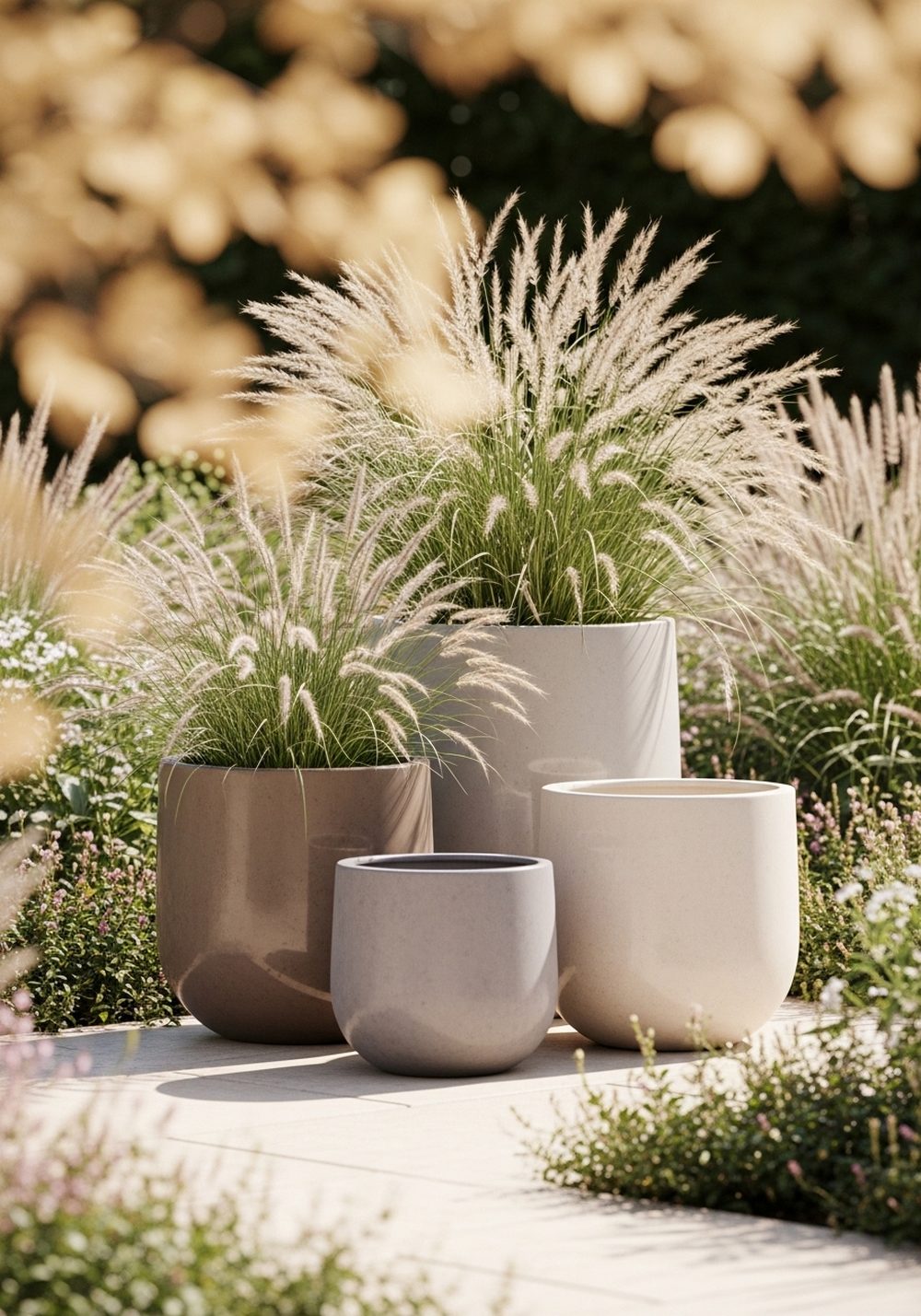 Mixed Neutral Pots With Sculptural Grasses