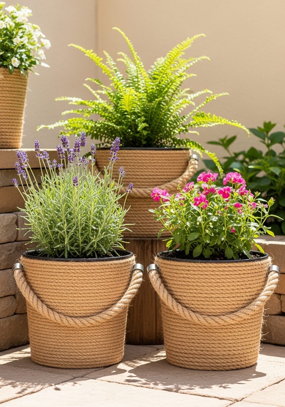 Rope-Wrapped Bucket Planters